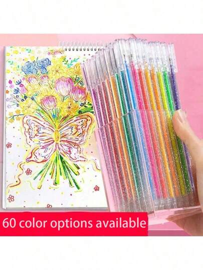 60 Colors Glitter Pens, Neutral Color Pens, High-Quality Stationery Suitable For Diaries, DIY Albums, Painting, Highlighters, Glitter Pens, Liquid Quicksand Color-Changing Pens, Children's Stationery