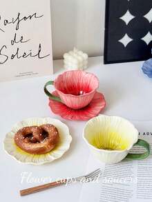 1 Set Floral Coffee Cup & Saucer, Ceramic Espresso Cup, Couple Breakfast Cup, Milk Cup, Latte Cup, Dessert Plate, Suitable For Restaurant, Living Room, Cafe, Dessert Shop - Multicolor - View 9