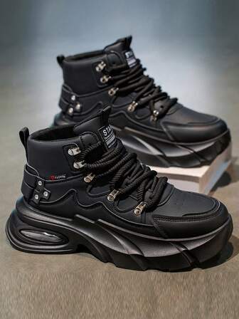 Men's Casual Sports Shoes High-Top New Thick-Sole Air Cushion Chunky Sneakers Leather Patchwork Mid-Top Lace-Up Short Stature Thick-Sole Elevator Shoes Punk Metal Style Fashion Versatile Shoes Men Plus Size 45 Outdoor Street Snap Holiday Travel Casual Shoes