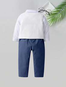 BOARNSEORL Bộ vest lịch lãm 3 món cho bé trai: Áo sơ mi trắng kèm nơ, áo vest và quần tây, trang phục thời trang sành điệu cho tiệc sinh nhật, đám cưới, lễ kỷ niệm, lễ rửa tội, ngày lễ. - Màu xanh hải quân - Xem 4