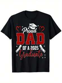 Men's 2025 Graduation T-Shirt - Proud Dad Graduate Design With Cap And Diploma - 100% Heavyweight Cotton T-Shirt With Comfortable Fit (S-XXXL) - Black With Red/White Lettering - Ideal Graduation Gift For Dads - Class Of 2025 Celebration Wear - Casual Crew Neck Short Sleeve Cap And Diploma Graphic - Machine Washable - Perfect For Graduation Parties And Family Events - 黑色 - 查看 6