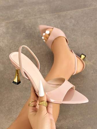 Women's High Heel Shoes, Fashionable Colorblock Stilettos With Transparent Strap, Pointed Toe, Soft Mirror Material, Suitable For Formal Occasions, Parties, Nightclubs, Shallow Pink Color, Versatile Formal Sandals