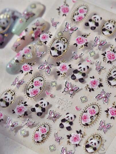 1 st söt kinesisk broderi panda fjäril ros ram kristall strass tryckbara nagelklistermärken 5D nagelkonst kulturell förtrollande orientalisk självhäftande naglar för kvinnor sofistikerade gör-det-själv manikyrdekaler