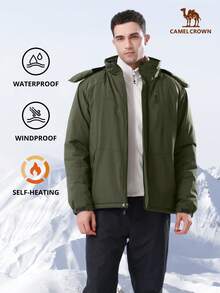 CAMEL CROWN 男士冬季防水保暖滑雪服仿毛皮抓绒雨衣带可拆卸帽子 - 深銅綠 - 查看 2