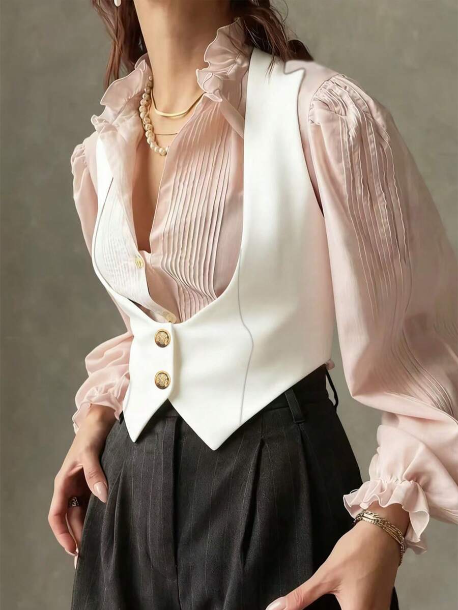 1件女士纯色梭织面料前扣休闲上衣,适合度假、上学和日常穿着。 - 白色 - 查看 1