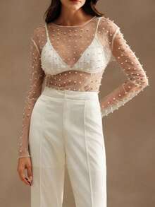 Women See Sheer Sparkle Pearl Rhinestone Studded Top Round Neck Long Sleeves See Through Mesh Blouse For Wedding Guests - trắng - Xem 3