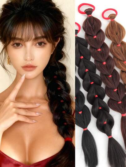 1 paquete de extensiones de cabello sintético negro con trenzas de cola de caballo y bandas elásticas, para mujeres, cabello liso, ajuste universal, estilo básico, accesorios para el cabello para uso diario