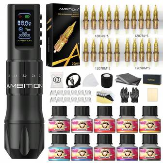 Ambition C2 1 Set Wireless Tattoo Machine Pen Kit, Includes 20pcs Glory Tattoo Needles, Equipped With 7-Level Adjustable Stroke Brushless Motor And 1600mAh Battery, Suitable For Beginners And Professional Tattoo Artists
