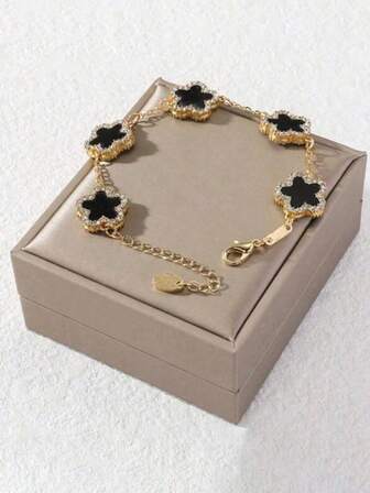 1 Lucky Five Petal Flower Inlaid Rhinestone Decoration Fashionable And Elegant Women's Chain Bracelet (No Packaging Box) Valentines,Mom,Mother,Mother's Day,Gift