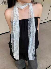 1pc White Polka Dot Lace Long Tie Neck Jewelry Summer With Thin Narrow Hairband Vintage Lace Lace Polka Dot Long Silk Scarf Women Spring Summer Fashionable Tie Decorative Neck Neck Scarf Fluttering Tape For Dress - 白色 - 查看 1
