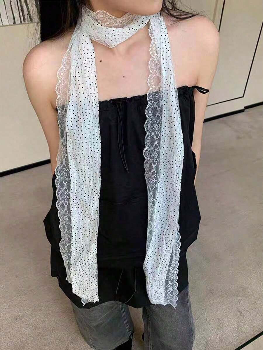 1pc White Polka Dot Lace Long Tie Neck Jewelry Summer With Thin Narrow Hairband Vintage Lace Lace Polka Dot Long Silk Scarf Women Spring Summer Fashionable Tie Decorative Neck Neck Scarf Fluttering Tape For Dress - 白色 - 查看 1