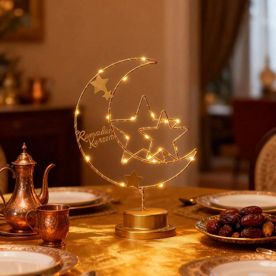 LED锻铁月亮灯斋月装饰夜灯卧室装饰台灯适用于室内外节日聚会、派对、卧室、餐桌和床头柜，为圣诞节、斋月和新年庆祝活动营造氛围照明。 - 黃色 - 查看 1