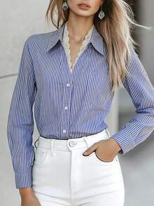 Ladies' Elegant Casual Lace Patchwork Striped Loose Shirt Office - Blue - View 1