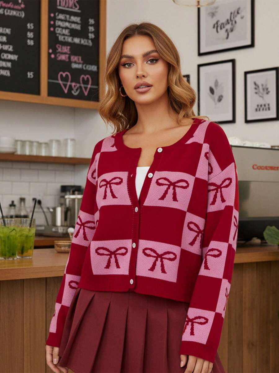 Women Valentine Cardigan Heart/Bow Crewneck Long Sleeve Button-Up Knitted Sweater For Winter Fall Spring - Red - View 1