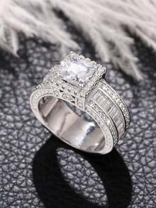 Luxury Square Cubic Zirconia Ring Set, Women's Wedding Party Jewelry, Ideal Gift For Lover Or Mother - Silver - View 5