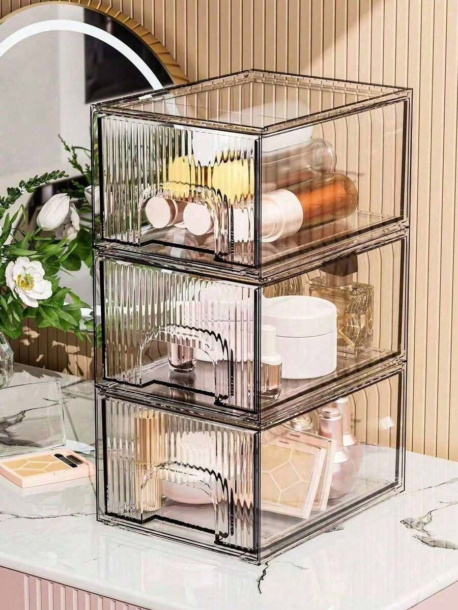 2个/1个透明亚克力化妆品收纳盒，可堆叠桌面防尘收纳盒，珠宝展示盒。透明亚克力桌面抽屉式塑料收纳盒，用于存放化妆品和珠宝。 - 彩色 - 查看 1