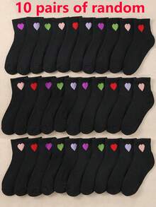 20 Pairs Heart Embroidered Kids Ankle Socks - Boys & Girls Casual Valentine's Day Socks, Black And Other Colors - Black - View 8