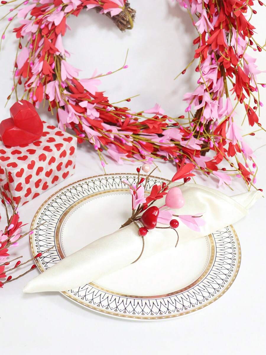 2/4 pièces Anneau de serviette pour la Saint-Valentin, couronne de décoration de table en forme de cœur et de fleurs roses pour la Saint-Valentin, convient pour la Saint-Valentin, l'anniversaire et la décoration de mariage - Multicolore - Voir 1