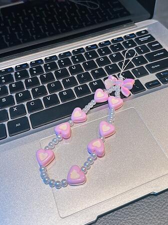 1pc Retro Heart & Bow Beaded Phone Lanyard, Short Wristlet Charm, Women Camera Strap, Beaded Bracelet, Cute Accessory For Phone Case, Earphones, DIY, Fashion For Ladies