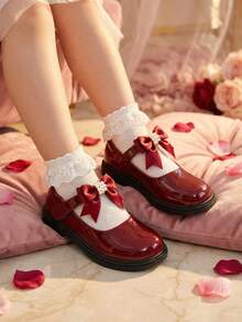 Girls' Mary Jane Shoes, Burgundy Patent Leather Pearl Bow, Soft Bottom Flat Shoes, Cute Princess Style For Toddler & Little Kid - Burgundy - View 6