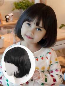 儿童假发和发片 - 黑色直发假发、儿童刘海、合成波波头假发、角色扮演、日常佩戴