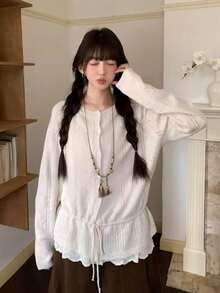 精致小众钩针镂空上衣，韩式抽绳设计长袖毛衣，女款白色 - 白色 - 查看 4