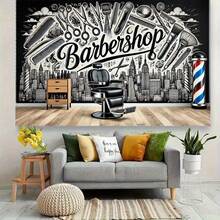 The Background Of The Barber Shop Is A Spotlight, With A View Of Tall Buildings And Various Hair Styling Tools Tapestry Is Highly Suitable For Use As A Festive Wall Decoration, An Outdoor Hanging Item, A Party Backdrop - trắng - Xem 4