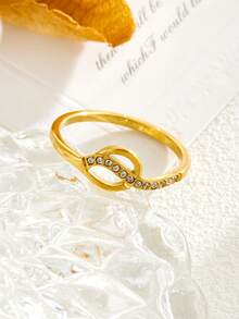 1pc 18K Gold-Plated Stainless Steel Hollow Wavy Interlocked Double Hoop Ring With Cubic Zirconia, Creative Design Fashionable Versatile Ring, Stylish Daily Wear Jewelry Gift For Women - Creative Wave-patterned Double-ring Ring Set With Artificial - View 4