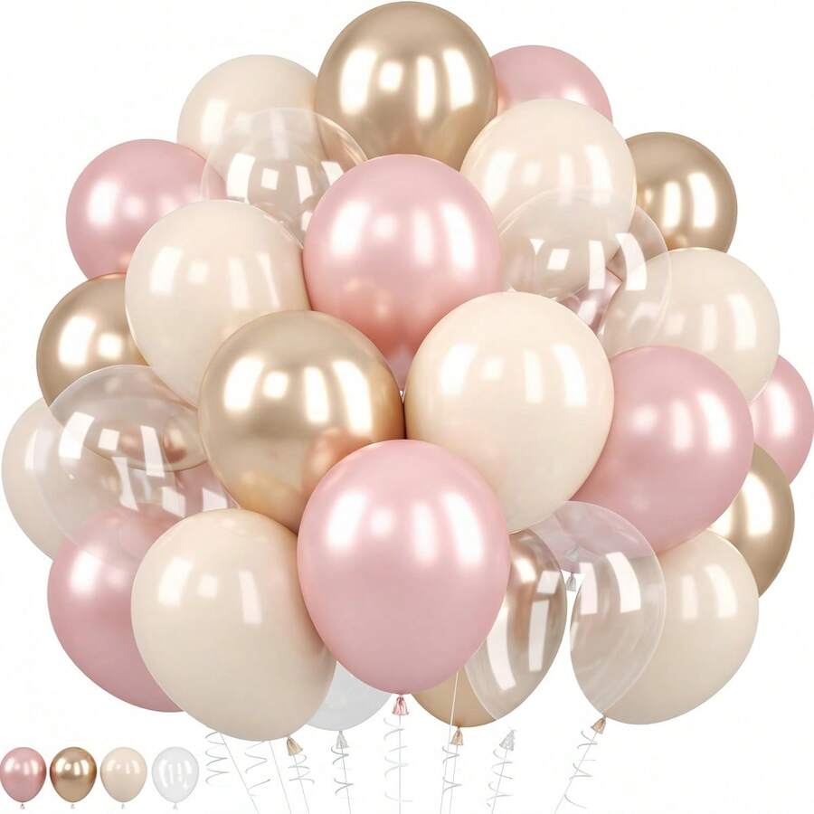55 piezas/29 piezas Globos de látex vintage rosa, dorado champán, transparente, blanco arena de 10 pulgadas, adecuados para el Día de San Valentín, decoración de Año Nuevo, decoración de boda, aniversario, ceremonia de graduación, decoración de compromiso, fiesta de cumpleaños - Multicolor - Ver 1