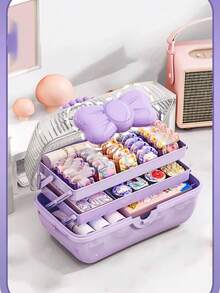 1pc Hair Accessory Storage Box: 3-Layer Organizer With Dividers, Bow-Shaped Clasp And Handle | Large Capacity | Durable Pink Or Purple Color, Can Store Hair Clips, Cards, Stickers And Crafts | Perfect Gift For Girls