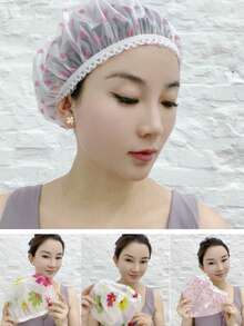 1/4/5pcs Adjustable Waterproof Shower Cap - Home Supplies, Bathroom Accessories, Fashionable Bathing Cap For Bathtub, Reusable EVA/Plastic Swimming Cap With Elastic Band, Suitable For Women, Spa Salon Beauty Care, Stylish Bathroom Accessories, Lace And Floral Print Design (Colors And Styles May Vary) - Multicolor - View 8