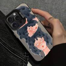 Funda de teléfono con caras expresivas superpuestas triples, cabello rizado oscuro, emociones variadas, mejillas rojas, patrón de boceto minimalista en fondo negro, funda de teléfono para 17 16 15 14 13 12 11 Plus Pro X XR, nueva, moderna y creativa, cobertura completa, Drop17 17promax - Negro - Ver 4