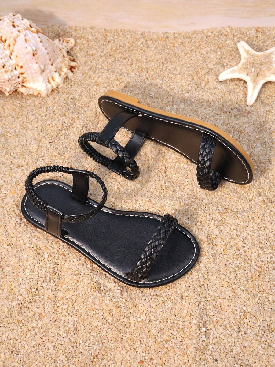 1 Pair Girls' Sandals, Woven Criss-Cross Straps, Faux Leather Material, Non-Slip Breathable, Open Toe Low-Top Elastic Straps, Flat, Bohemian Style, Suitable For Summer Beach Vacation/Casual Street Wear - Black - View 1