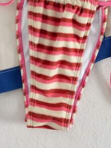 PEPPERMOLLY 新款柔软条纹毛巾布可调节肩带交叉露背性感比基尼套装，女士夏季沙滩时尚泳装 - 粉紅色 - 查看 5