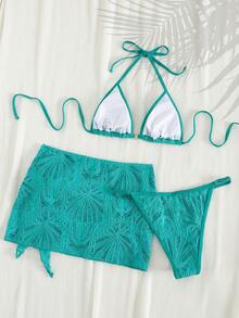 PEPPERMOLLY 2026 SS Women 3-Piece Mesh Bikini Set, Trimmed Top+Low Shorts+Wrap Skirt, Gold Chest Ring, Retro Style, For Beach & Pool. Vacation Summer - Blue-green - View 6