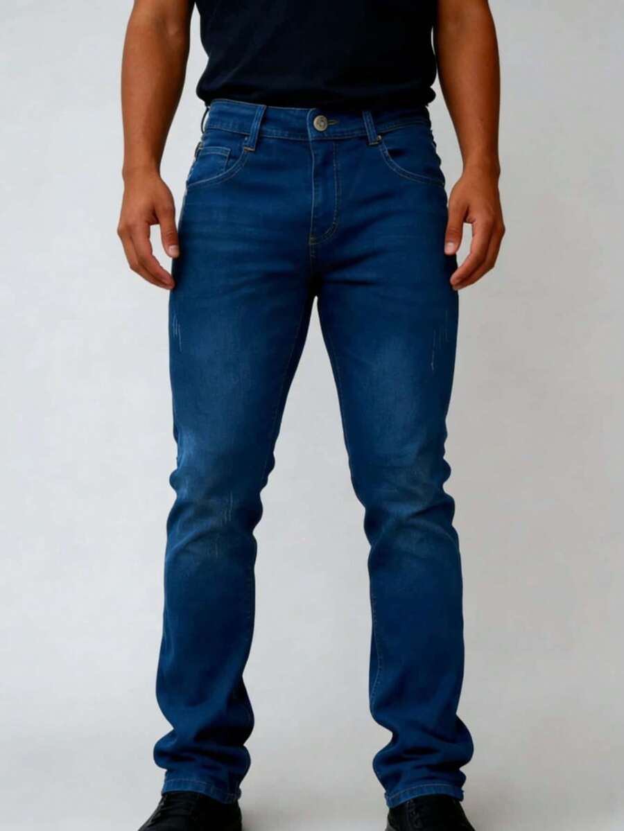 Nuevo 2025, Ropa masculina de alta calidad, azul, azul claro, azul oscuro, cintura media recta, pantalones vaqueros ajustados elásticos, ocio diario, reuniones de negocios, viajes de negocios, se puede usar en todas las estaciones, armarios necesarios, temperamento atmosférico - Azul lavado medio - Ver 1