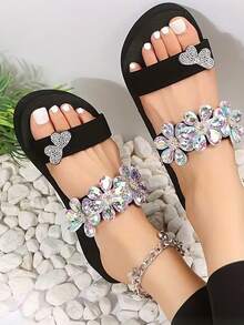 2025 Neue Damen Blumen Strass Plateau-Slipper, bequeme Plateausohle, geeignet für täglichen Weg zur Arbeit/Urlaub/Strand, koreanischer süßer & cooler Stil - Schwarz - Übersicht 8