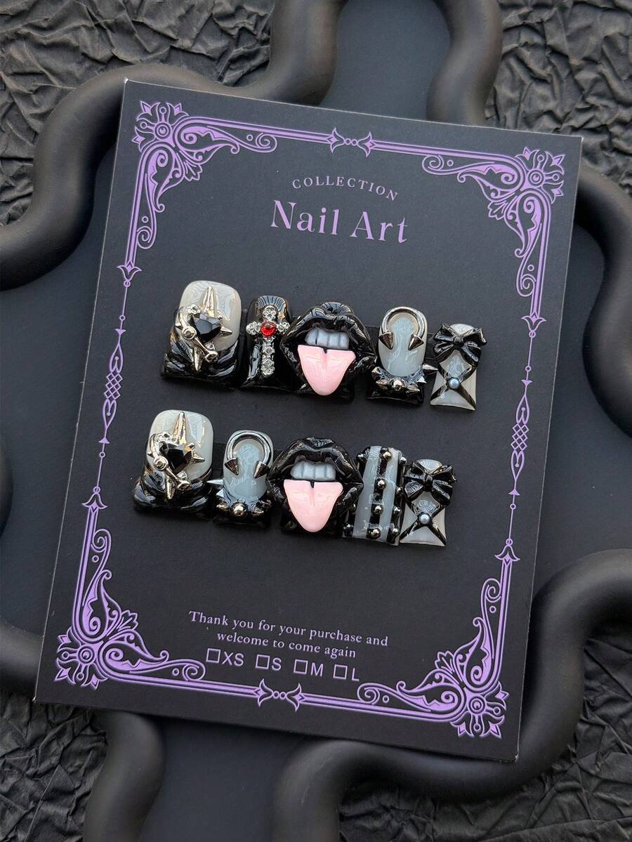 Bộ 10 móng giả dán thủ công phong cách Gothic Rock tối màu Y2K, hình môi đen, độ dài trung bình, hình mỏ vịt, trang trí móng kiểu Pháp màu đen với chi tiết đinh tán. Thích hợp cho phụ nữ và bé gái, hoàn hảo cho sử dụng hàng ngày, đi xem hòa nhạc, tự làm nghệ thuật móng tay, bao gồm bộ dụng cụ. Móng hình hạnh nhân. Móng giả dán thủ công. Móng giả. Vật tư làm móng. Móng giả dán thủ công. - màu đen - Xem 1