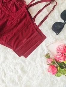 Body de encaje y malla sexy sin espalda para mujeres, camiseta sin tirantes de modelado para el verano - Burdeos - Ver 9