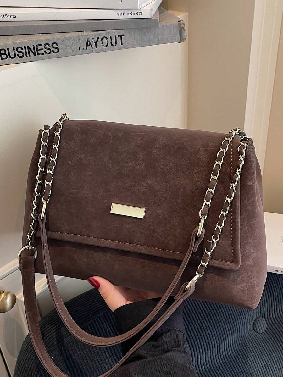 Bolsa De Ombro Feminina Retrô Em Pu Fosco, Estilo Outono/Inverno, Com Aba Elegante E Fecho Magnético. Bolsa Quadrada Com Design Europeu E Americano, Ideal Para Uso Diário, Viagens, Encontros E Compras. Grande Capacidade. - Multicolorido - Ver 1