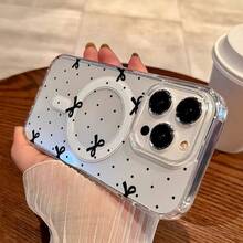 Un estuche rígido duradero con un diseño simple de lazo en blanco y negro, mejorado para resistencia a los golpes y equipado con un anillo magnético que permite la carga inalámbrica, compatible con varios modelos de , incluyendo 17, 16, 15, 14, 13, 12, 23. - Estilo 1 (1 pieza) - Ver 7