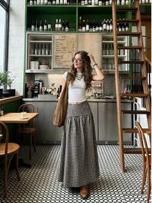 女士优雅休闲格子中长A字裙 - 巧克力棕 - 查看 1