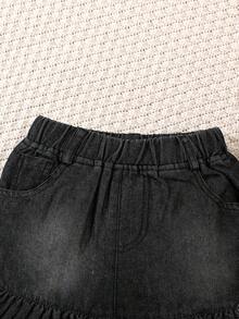 Girls' Denim Shorts - Solid Color With Ruffle Hem, Fashionable And Comfortable, Suitable For Casual Wear - Black - View 4