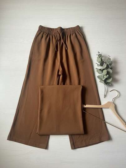 Plus Size Woven Wide Leg Pants With Drawstring And Pockets, Non-Stretch, Comfortable