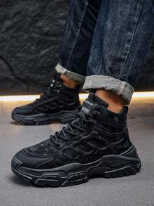 Black Sneakers, Men's Casual Sneakers, New Fashionable Sneakers, Comfortable, Versatile Thick-Soled Heightening Sneakers Mid Top Lace Up Men's Hiking Shoes - Black - View 4