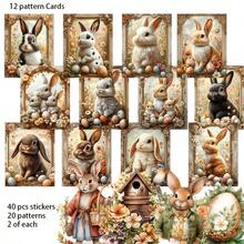 52pcs Vintage Easter Rabbit Postcard Set (12 Cards+40 Sealing Stikers) Bunny Easter Themed With Colorful Egg, Bascket. Patterns Suitble For Holidy Decor Flag, DIY Craft, Album Decor, Greeting Cards - Khaki - View 6