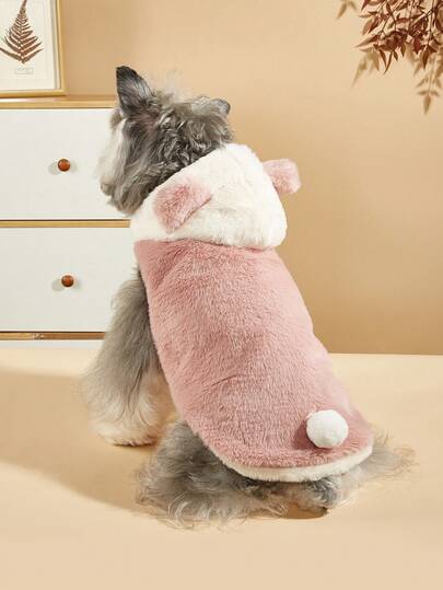 1pc Autumn/Winter Plush Hooded Rabbit Fur Vest Jacket, Cute Bear Costume, Teddy Dog Hoodie Coat, Contrast Color Warm Hooded Fleece Pet Clothes