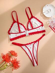 大码红色蕾丝拼布心形蝴蝶结性感内衣套装 - 紅白色 - 查看 3