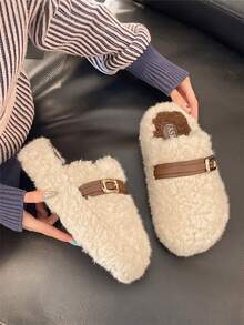 2025 Women's New Winter Viral Thick-Soled Closed-Toe Fluffy Black House Slippers For Outdoor Wear, New Autumn Buckle Plush Slouchy Slippers, Spring/Autumn Indoor Home Office Leopard Print Slippers - Beige - View 5