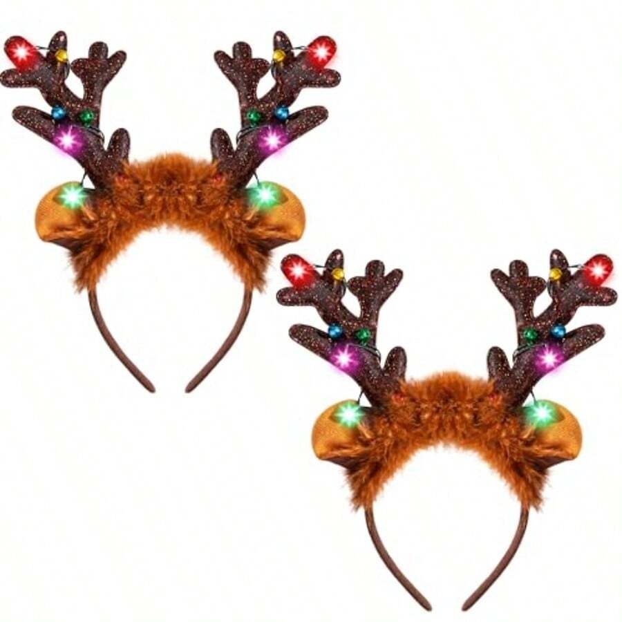 JOYIN Juego de 2 diademas navideñas con cuernos de reno sombrero de reno con luces LED para suministros de fiesta de Navidad y recuerdos de fiestas navideñas TALLA ÚNICA - como en la foto - Ver 1